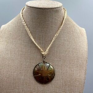 Vintage Mother of Pearl Shell Sunburst Pendant Necklace Gold Tone Braided Cord